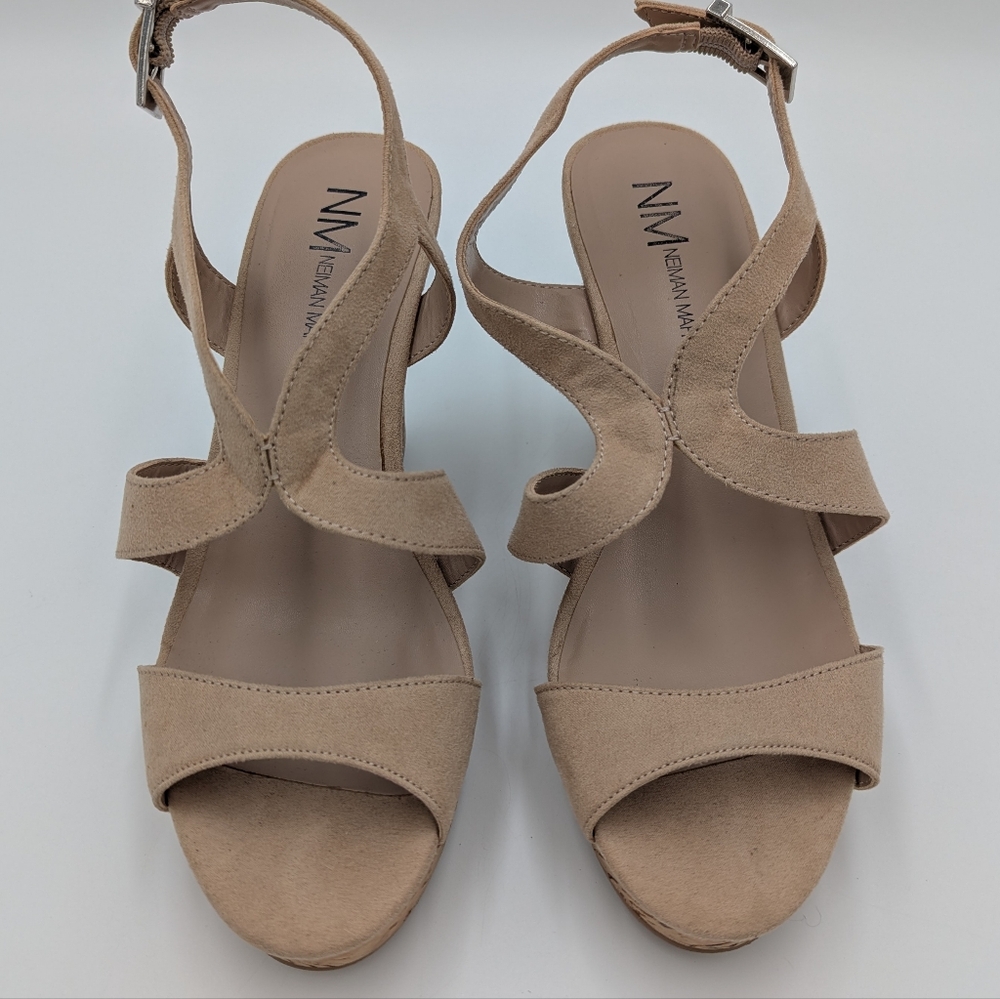 Neiman Marcus Beige Cork Wedge Sandals 9.5 Faux Suede Strappy Summer Vacation